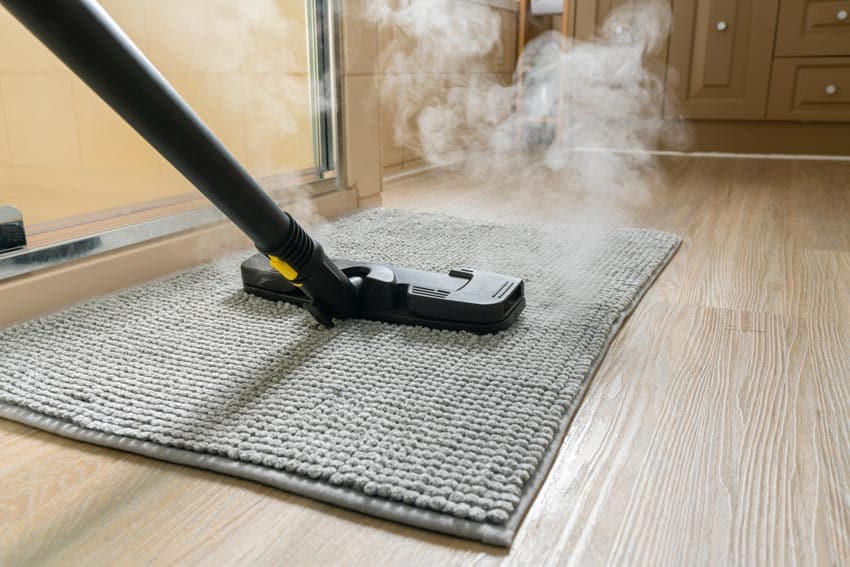 Steam cleaner cleaning rug on wood floor