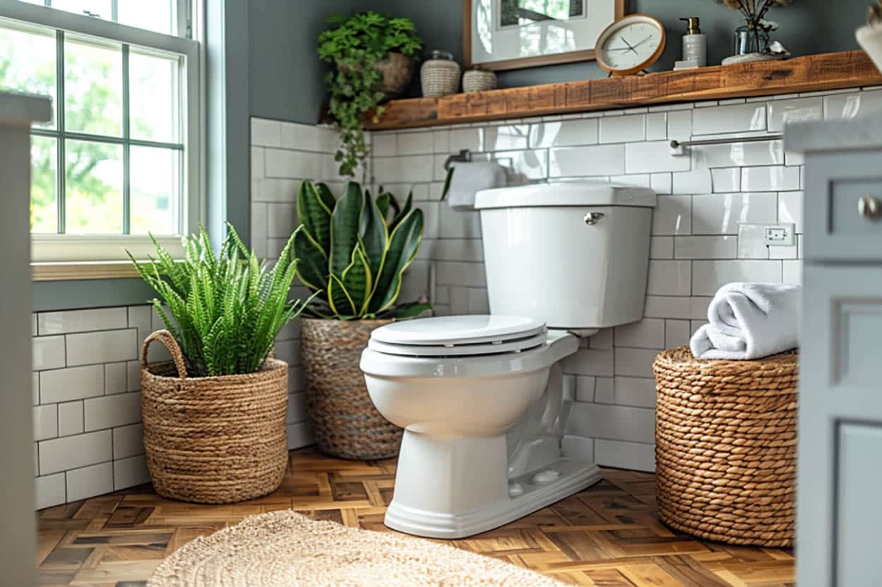 Toilet with rustic shelf, plant and decor