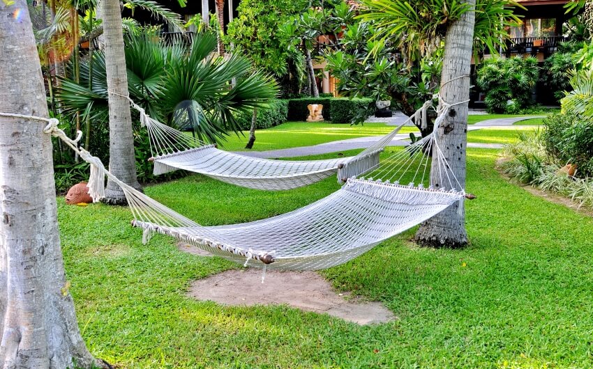 Summer garden with hanging rope hammocks