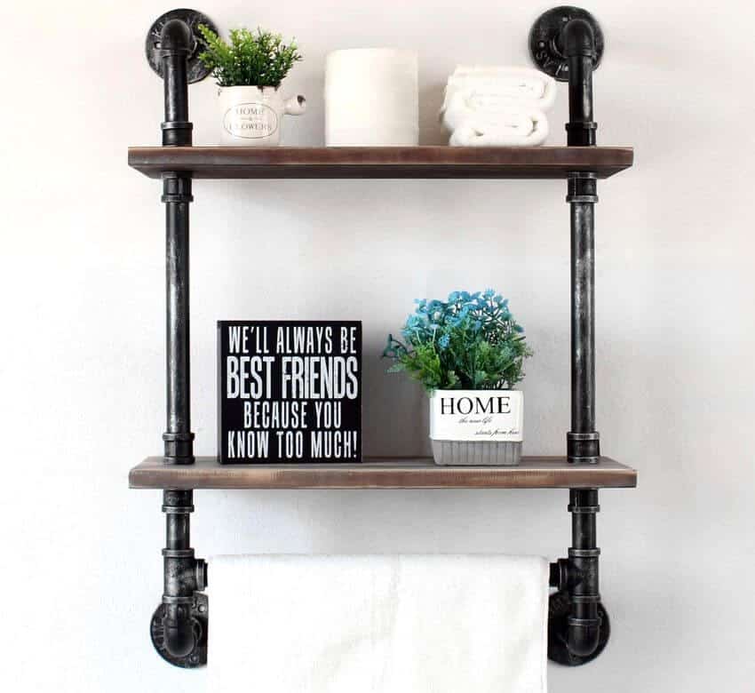 Wall mounted rustic wood shelf with towel bar with decors