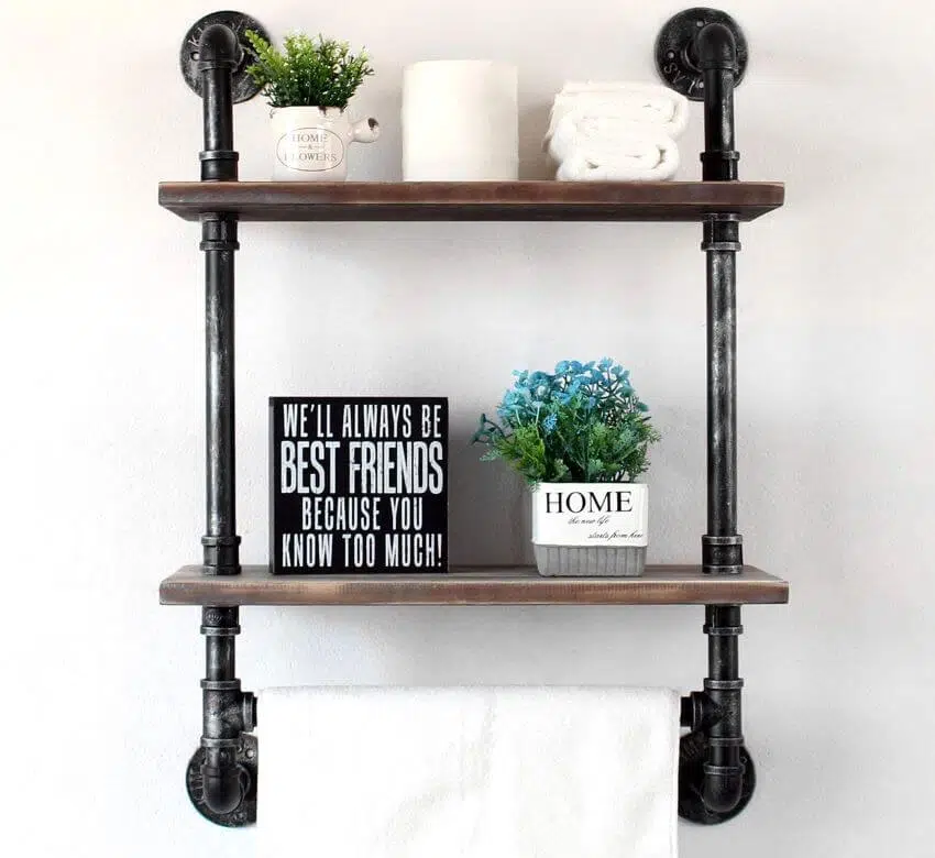 Wall mounted rustic wood shelf with towel bar with decors