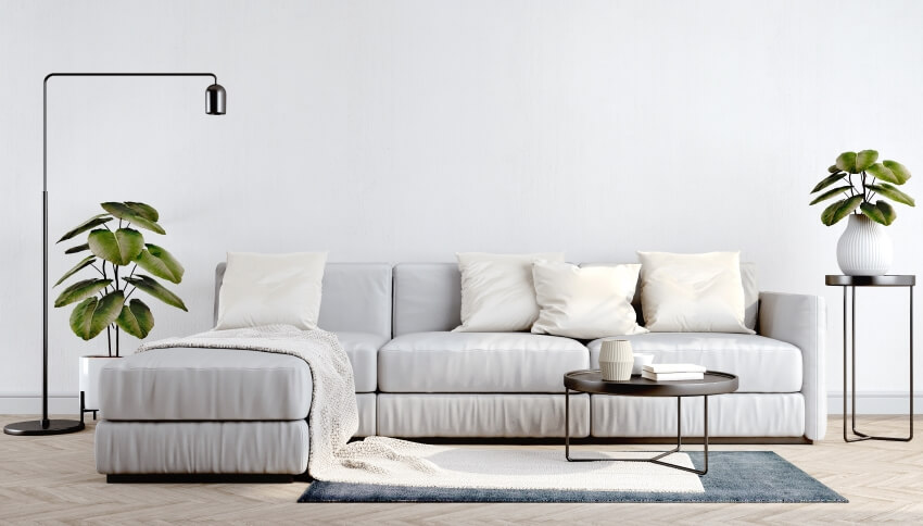 White living room in modern style with sofa, coffee table, plant, and floor lamp