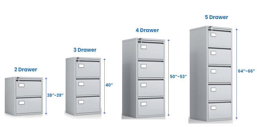 2, 3, 4 and 5 drawer filing cabinet sizes