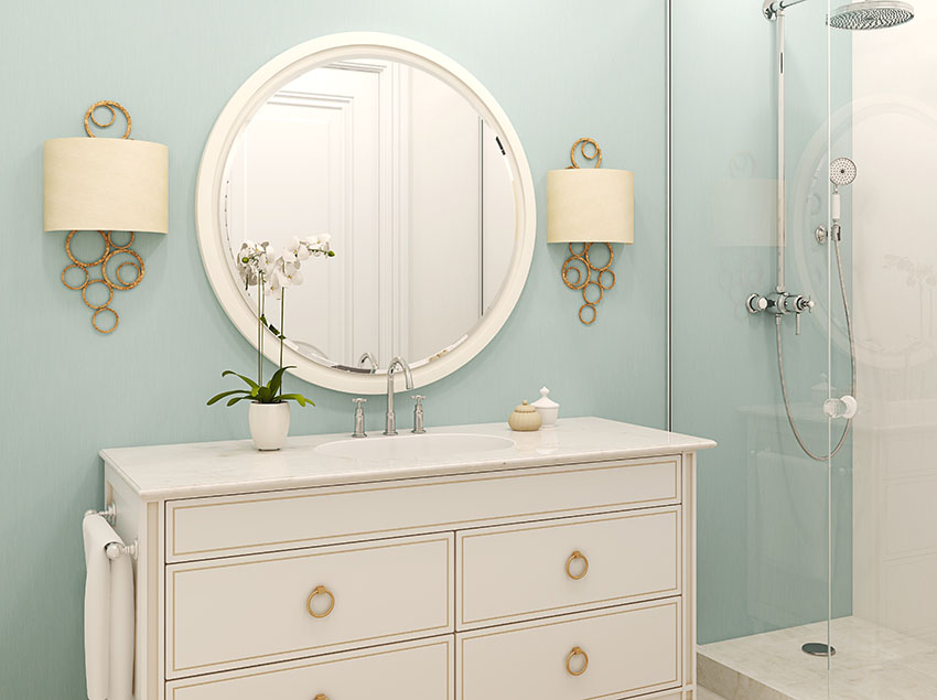 Beige and light blue elegant bathroom with vanity sink cabinet frameless shower door