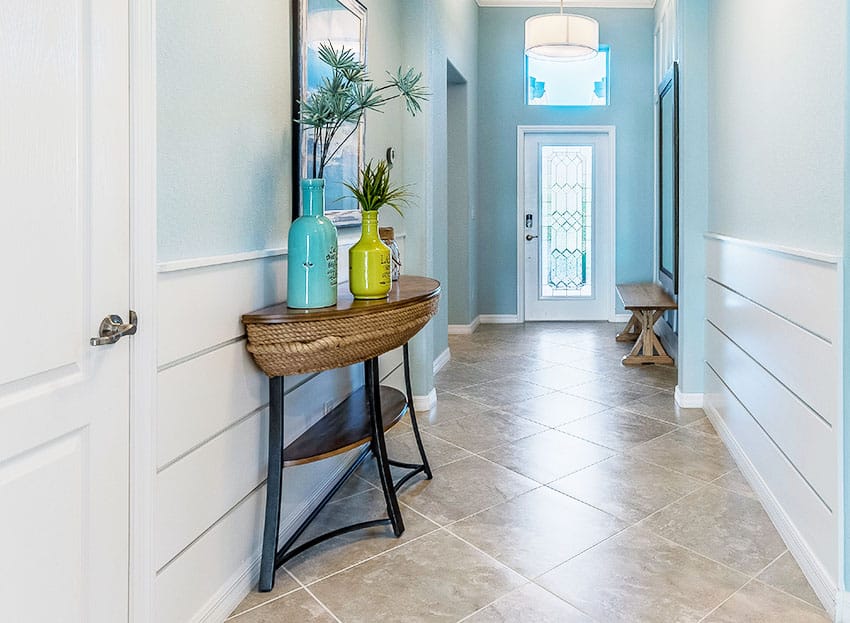 Entryway with console with plants décor mudroom bench