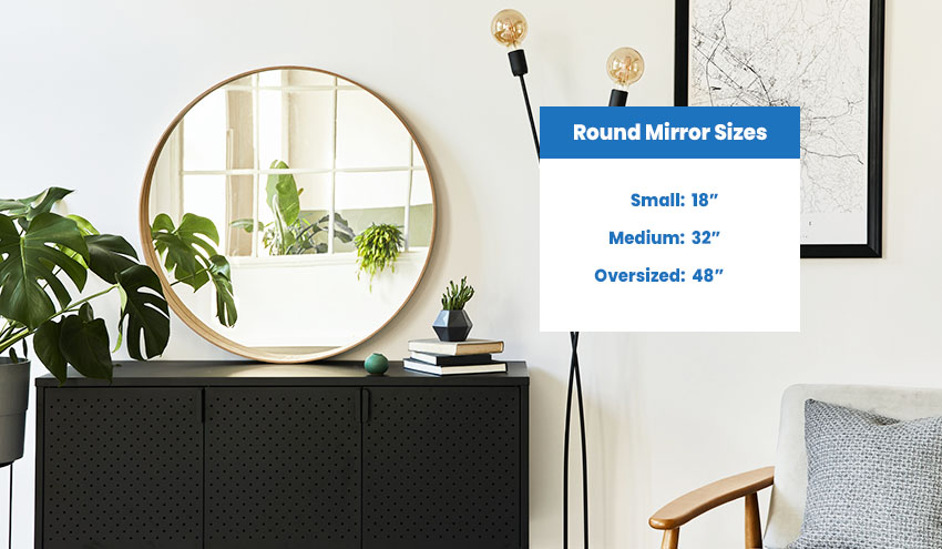 Round mirror on black cabinet