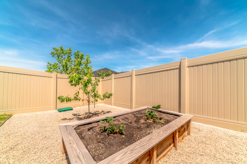 Backyard area with raised garden bed, small tree, and Hardie board fence 