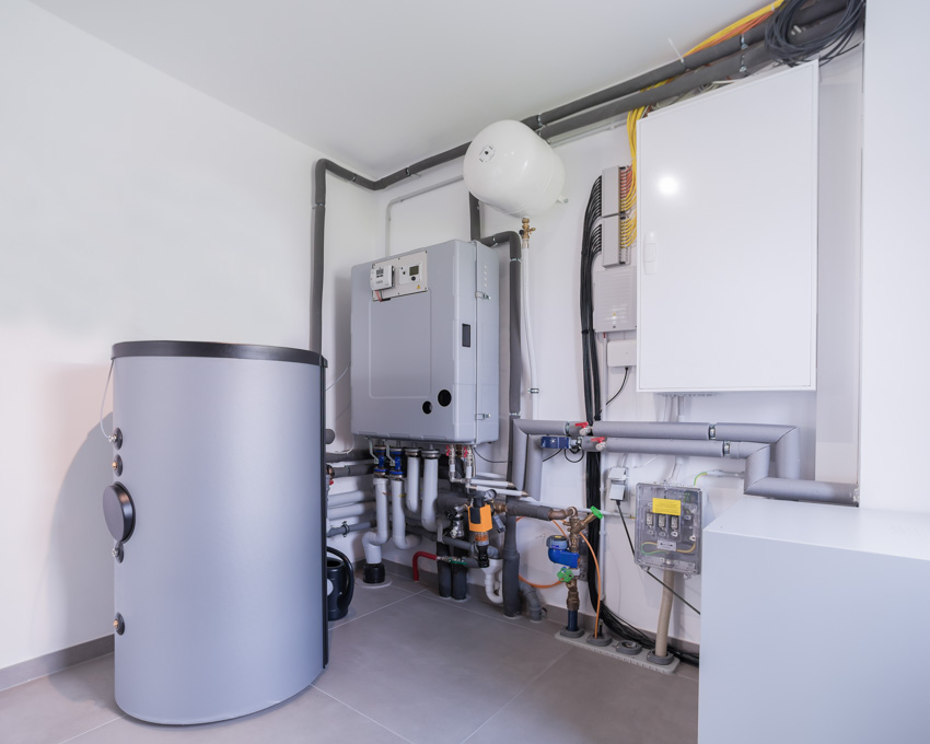 Basement with heat pump water heater, and storage tank