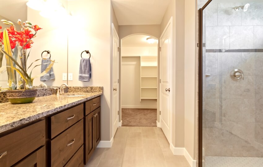 Bathroom with dark cabinets, sconce light, granite vanity countertop, and walk-in closet in the background