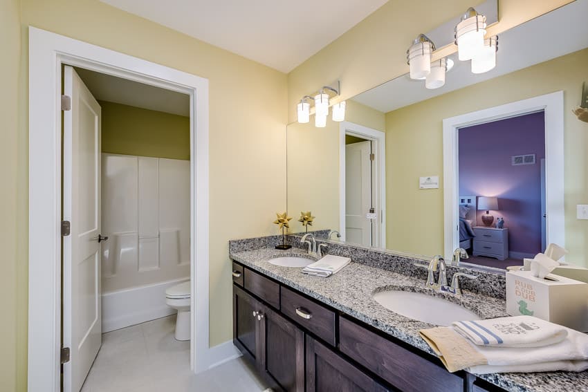 Bathroom with pale yellow walls, granite countertops, accent lighting, mirror, and twin sinks
