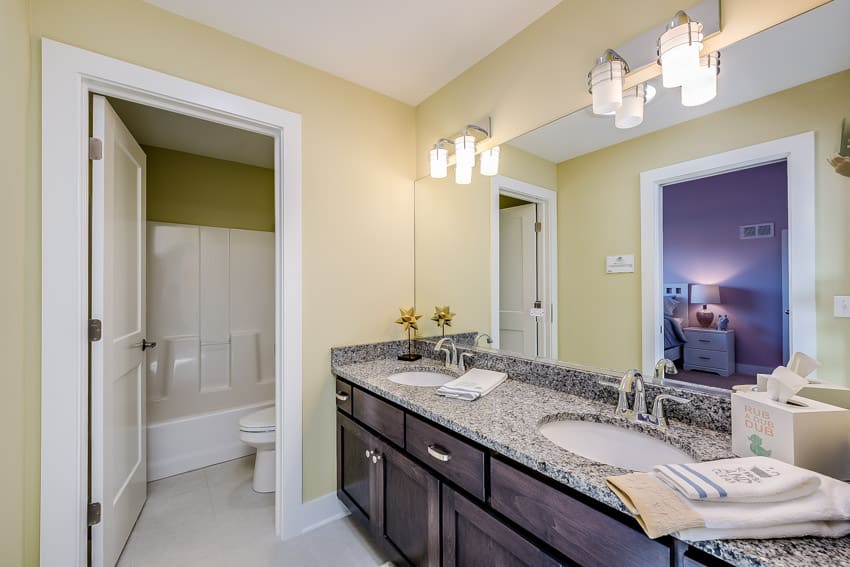 Bathroom with pale yellow walls, white toilet door and twin sinks