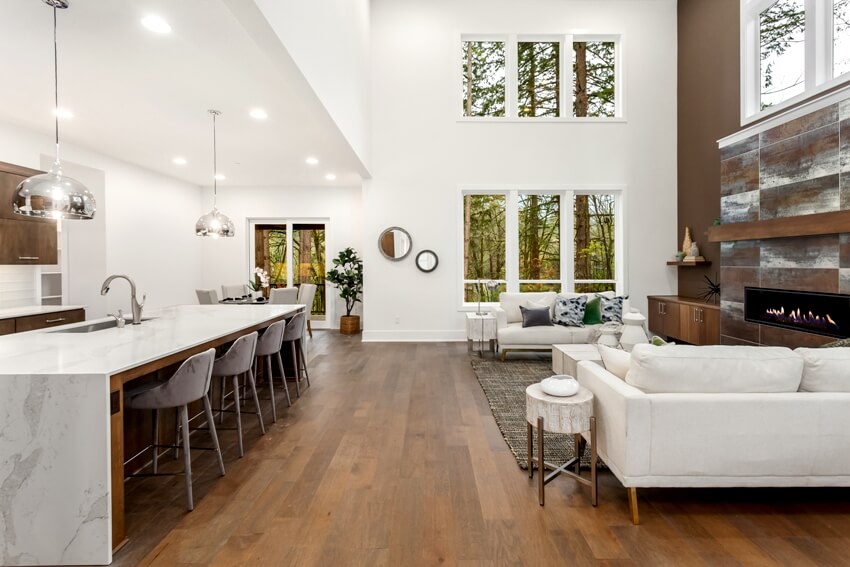 Open concept living & kitchen with engineered wood floors