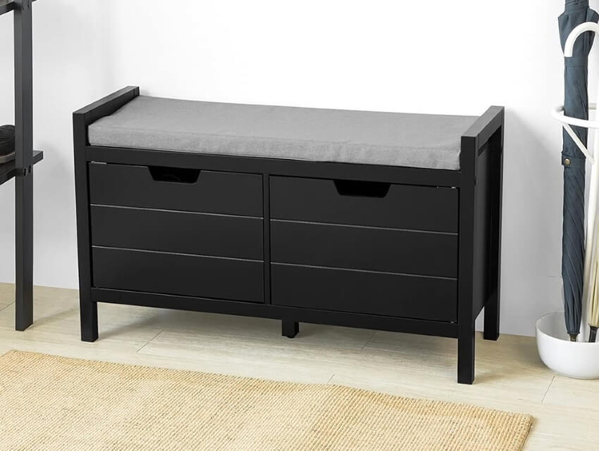 Black drawer bench with seat cushion