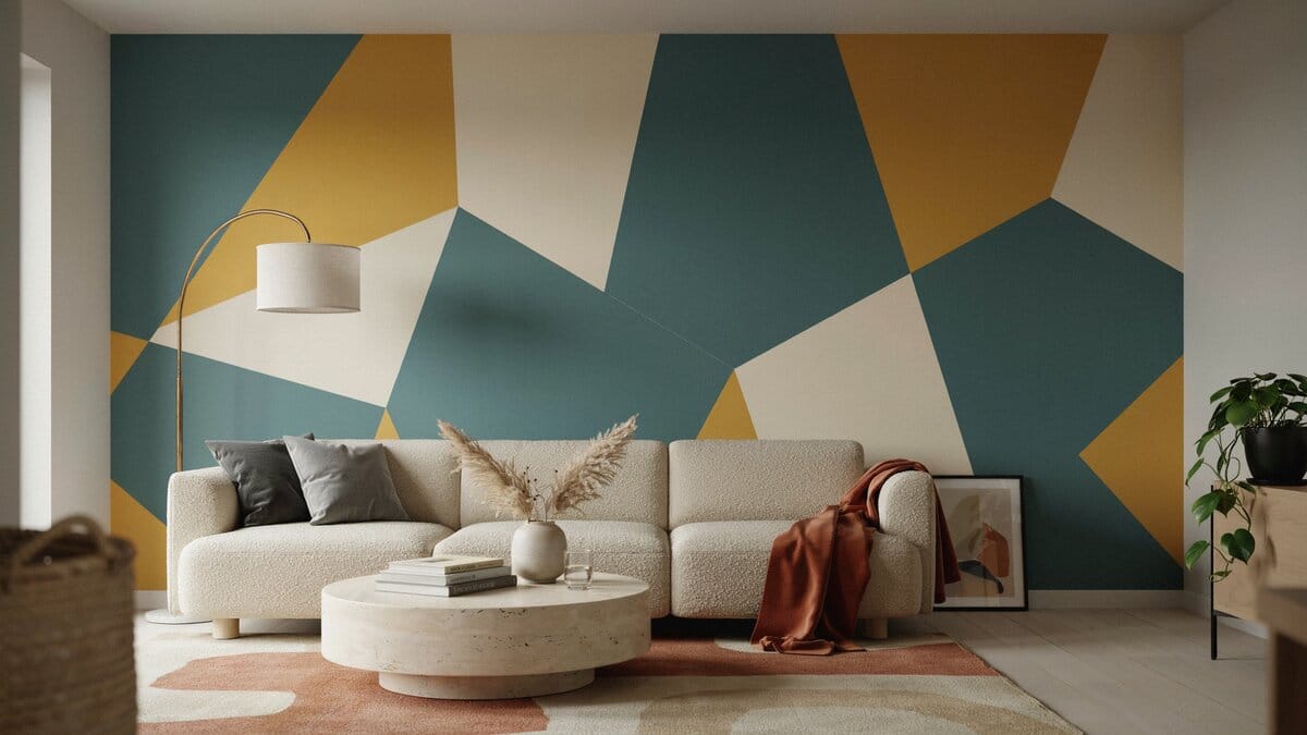 Bold teal and mustard geometric accent wallpaper in a modern living room