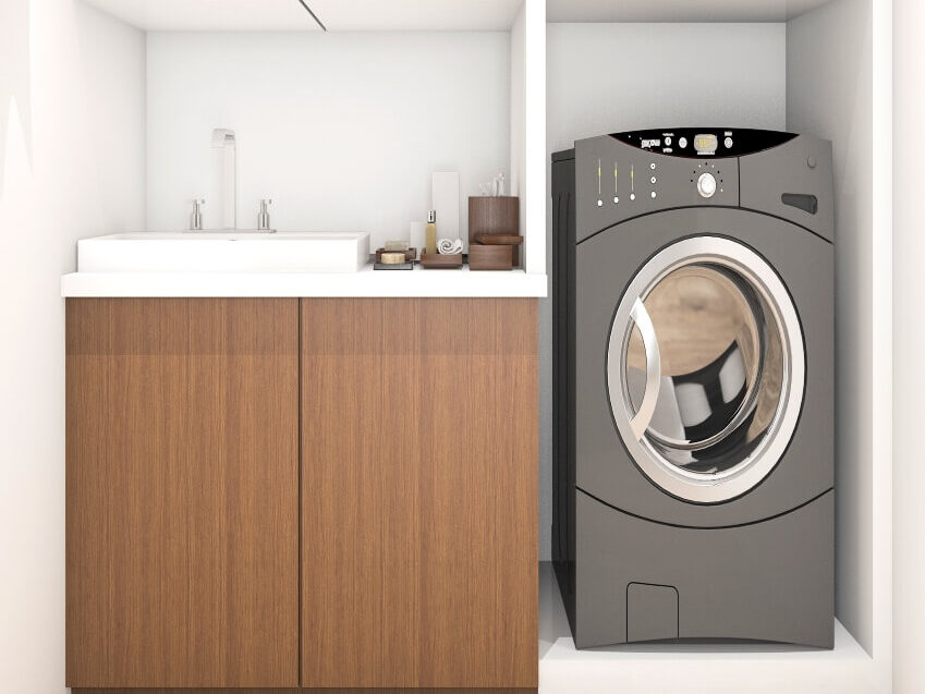 Corner wood laundry room with washing machine, shelves, and utility sink