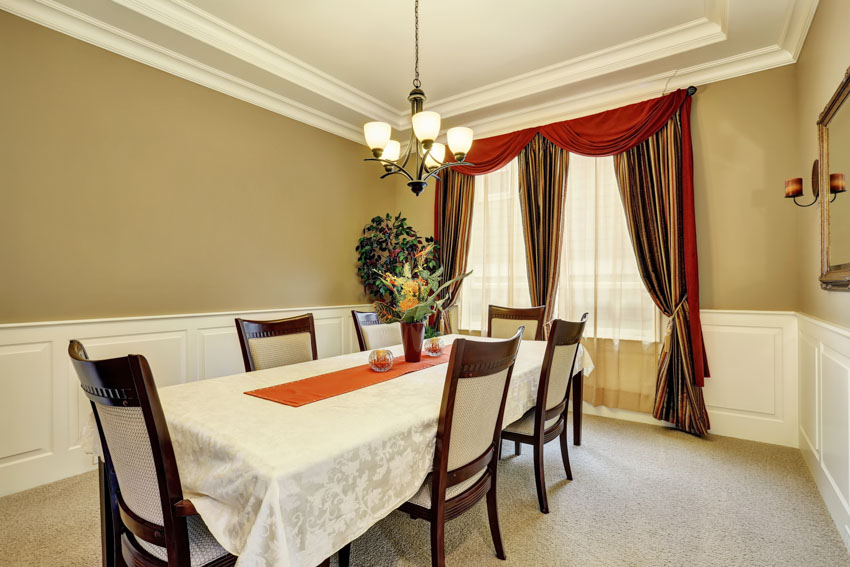 Dining area with wainscoting, table, chairs, centerpiece, pendant lighting, and window curtains