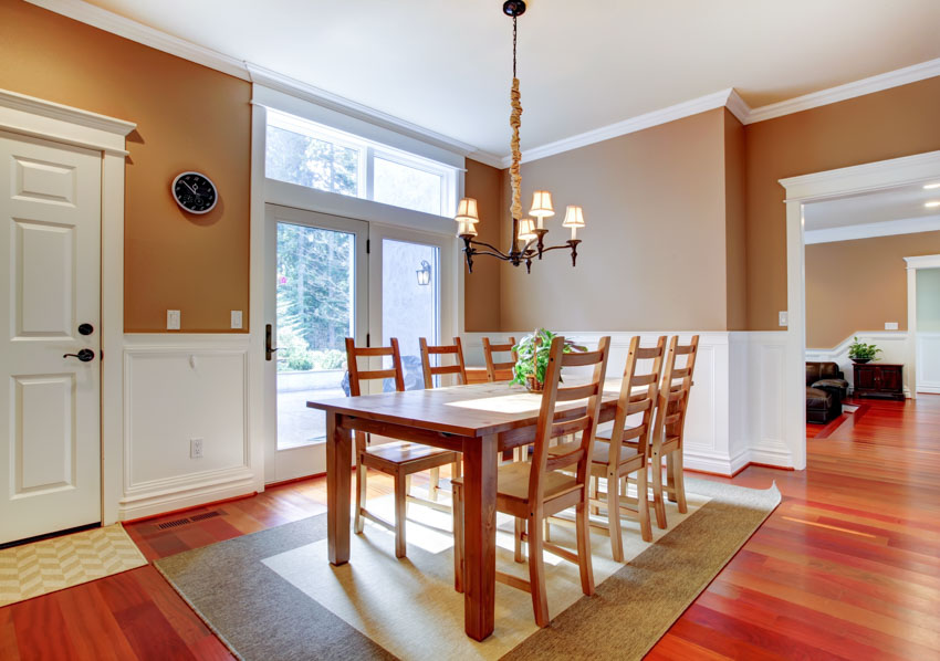 Dining area with wood floor, wainscoting, glass door, table, and chairs
