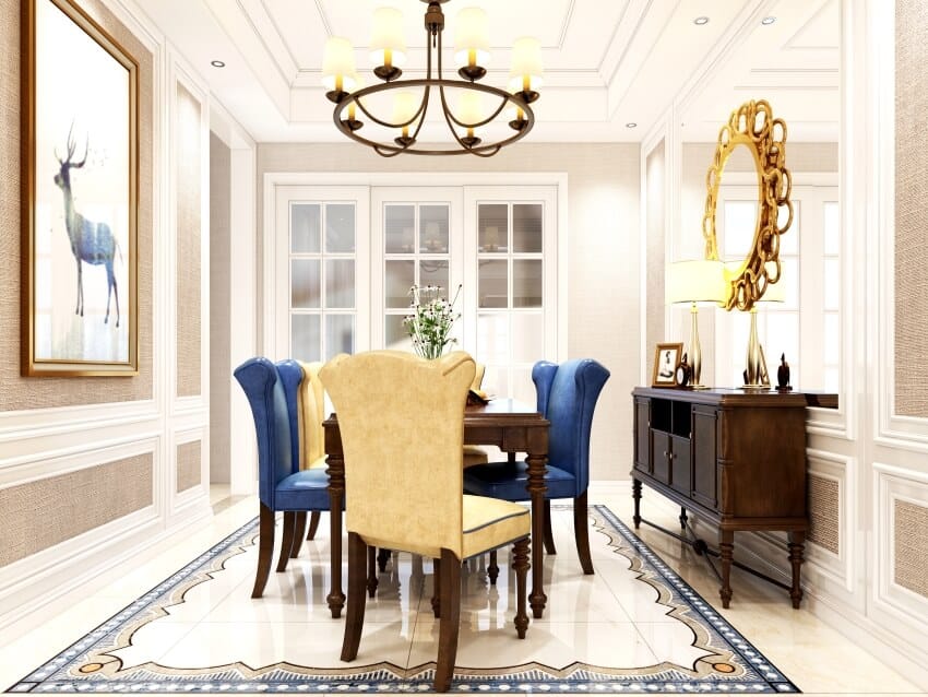 Dining room with marble tile floor, console, chandelier, and dining table with yellow and blue chairs