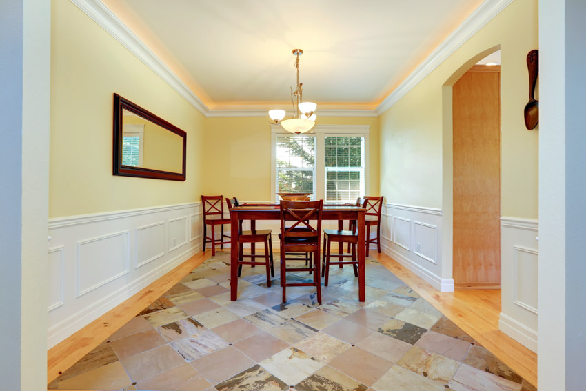 Dining room with tile flooring, yellow wall, wainscoting, and window