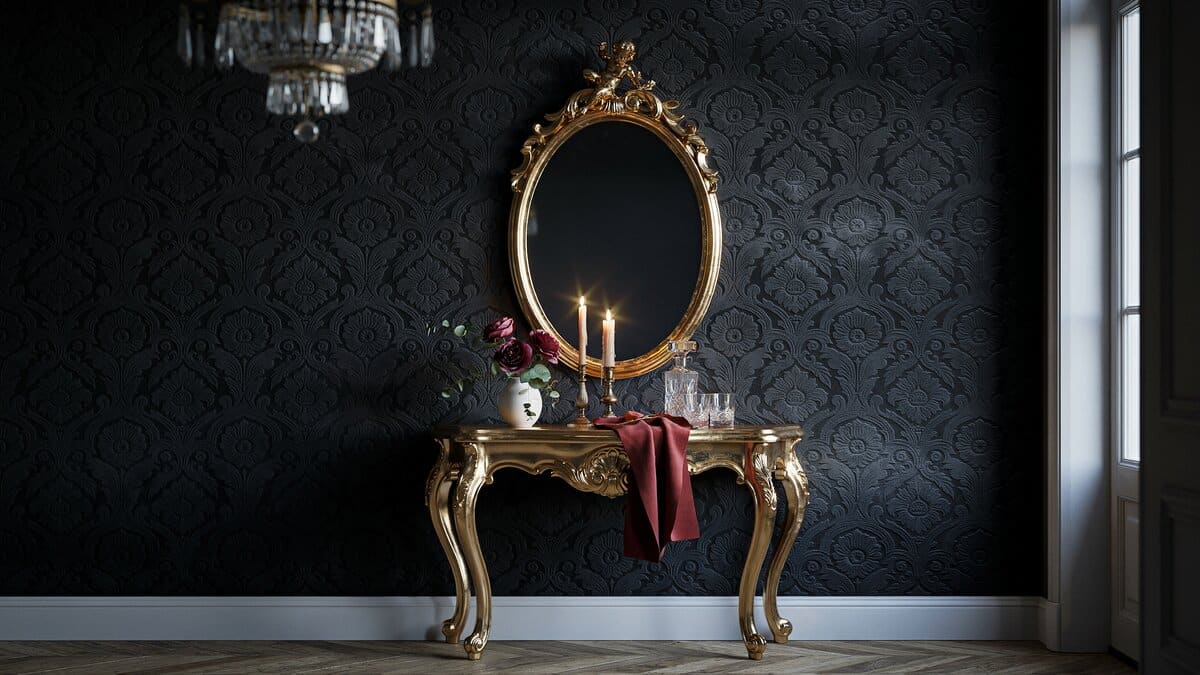 Dark damask flock wallpaper with an ornate gold mirror and console in an entryway