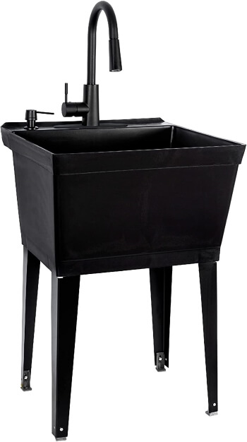 Freestanding black sink with high arc black faucet