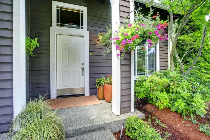 Front porch with gray siding wall, white door, potted plants, and outdoor rug