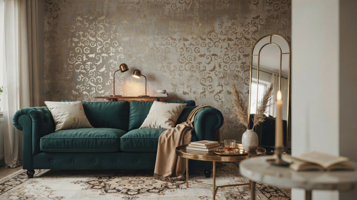 Elegant living room with gold patterned wallpaper and an emerald tufted velvet sofa