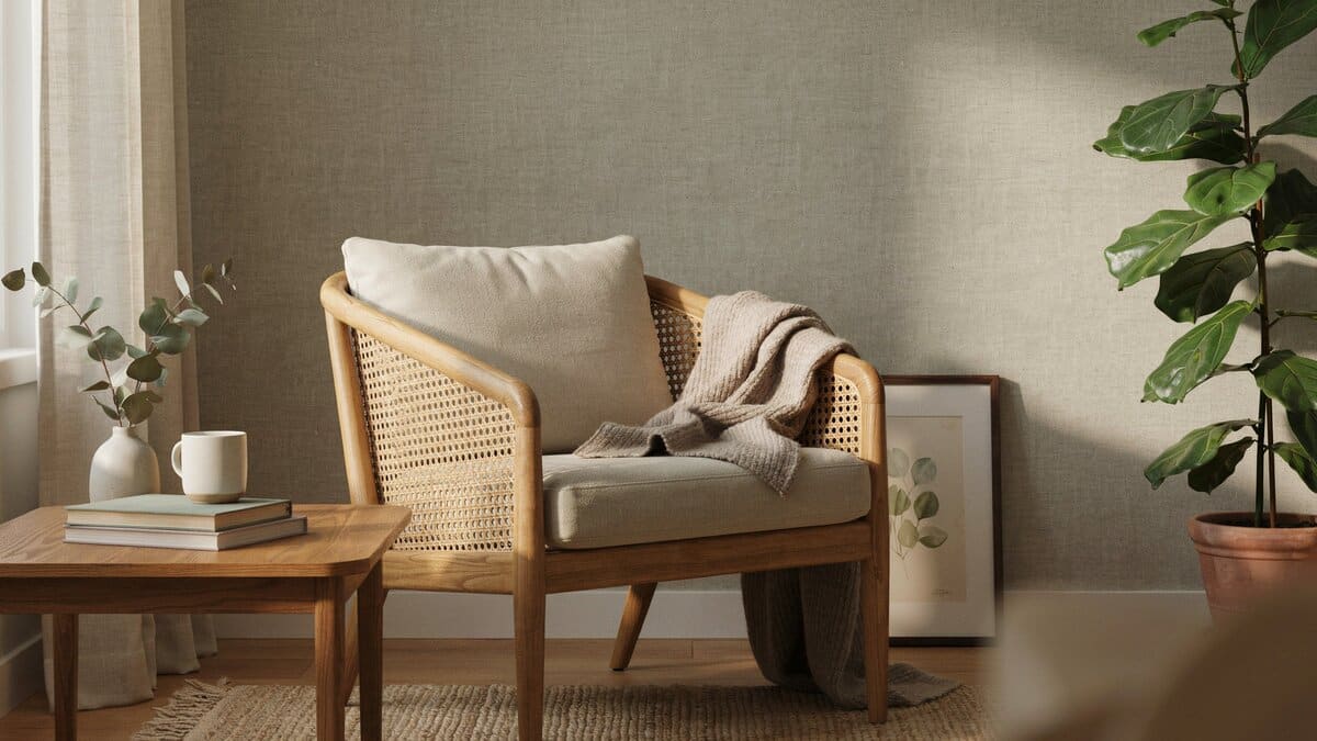 Woven grasscloth wallpaper in a warm living room with rattan lounge chair