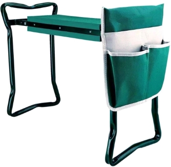 Green portable and lightweight garden bench with tool bag pouch