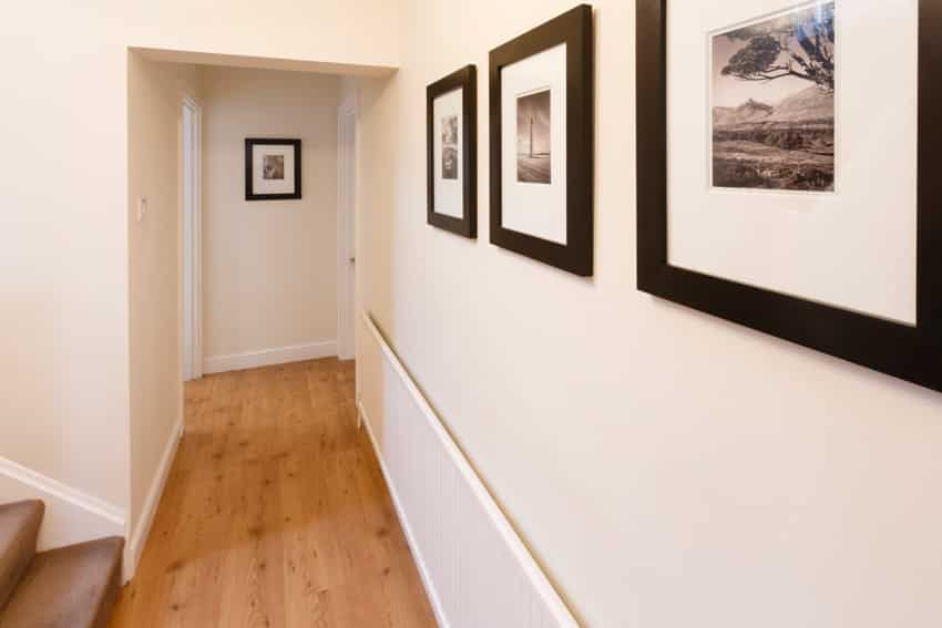 Hallway with wood flooring, and white walls