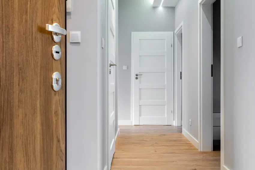 Hallway with wood flooring, white doors, and ceiling lighting fixtures