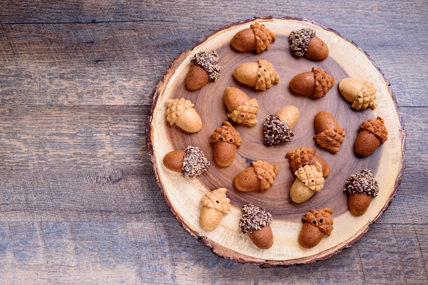 Healthy homemade maple acorn cakelets and acorn shape cookies on acacia wood slice serving board