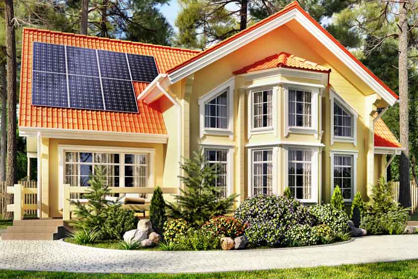 House exterior with orange roof, solar panels, bay windows, front lawn, and walkway