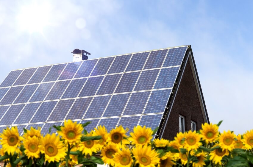 House with solar panels on the roof and sunflowers in the garden