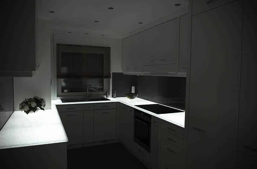 Kitchen with glass countertop and led lights