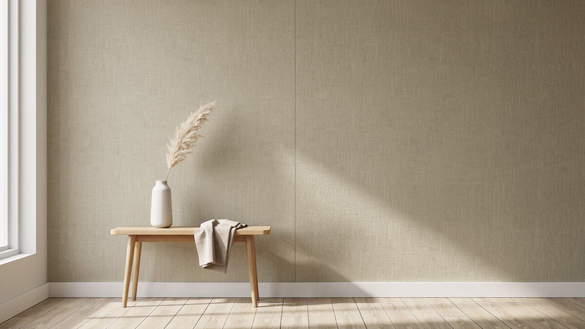 Minimalist room with light tan textured wallpaper, a wood bench, and ceramic vase