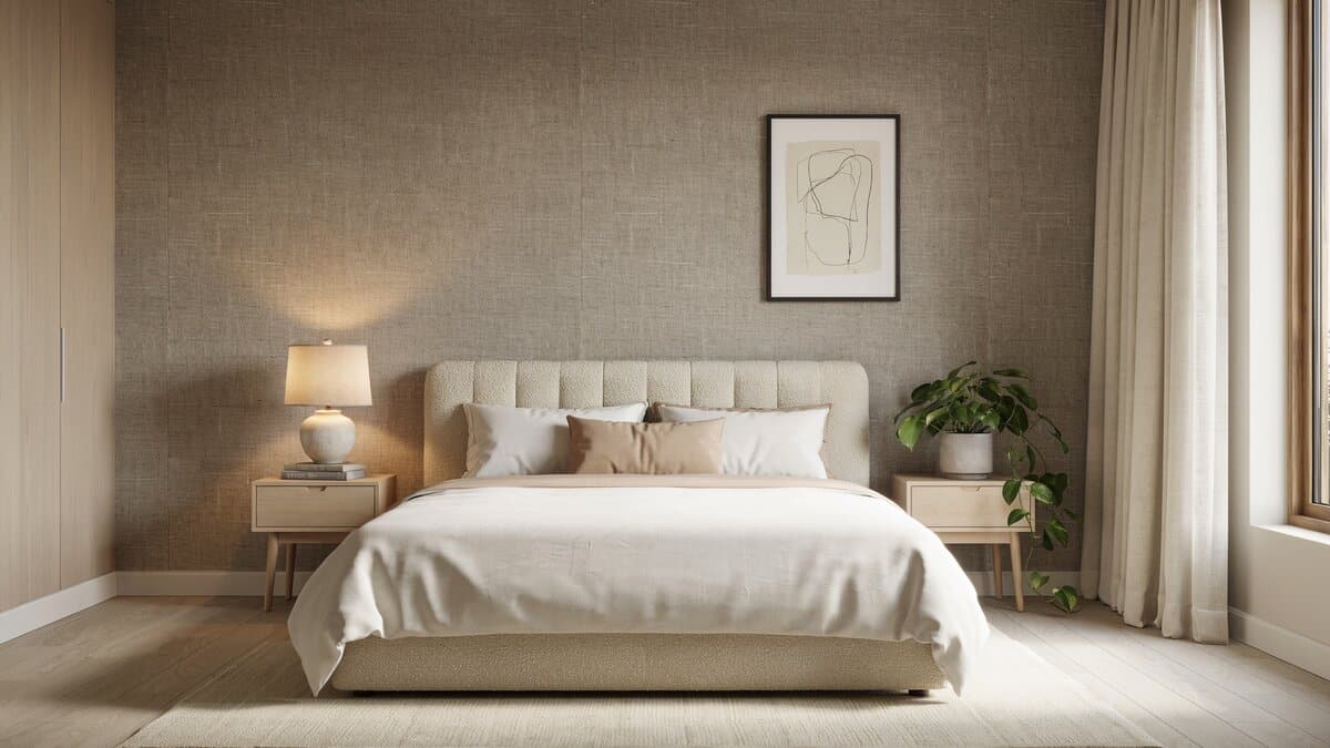 Neutral bedroom with textured linen fabric wallpaper, upholstered headboard, and bedside lamp