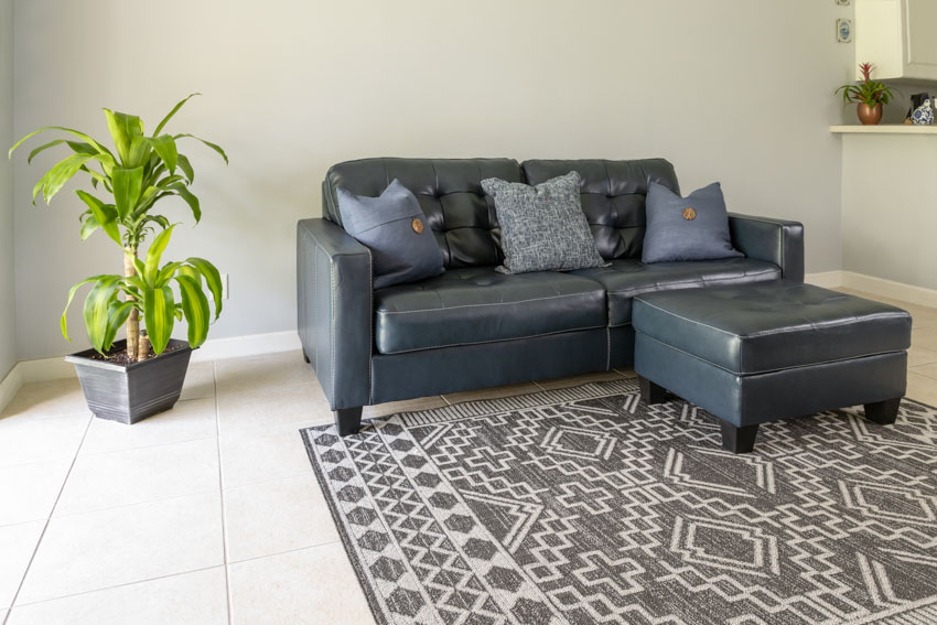 Living room with tile flooring, indoor plant, couch, and ottoman