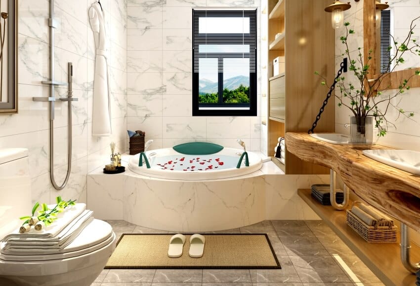 Luxurious bathroom with round tub, marble tile wall, and floating live edge countertop
