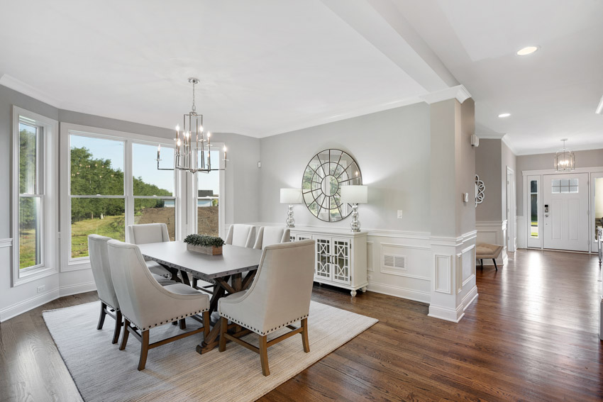 Luxury dining room with floor rug, table, chairs, windows, and wainscoting