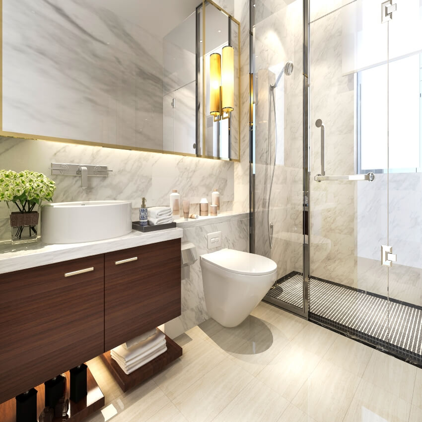 Modern bathroom with marble walls, laminate floating vanity, and glass enclosed shower
