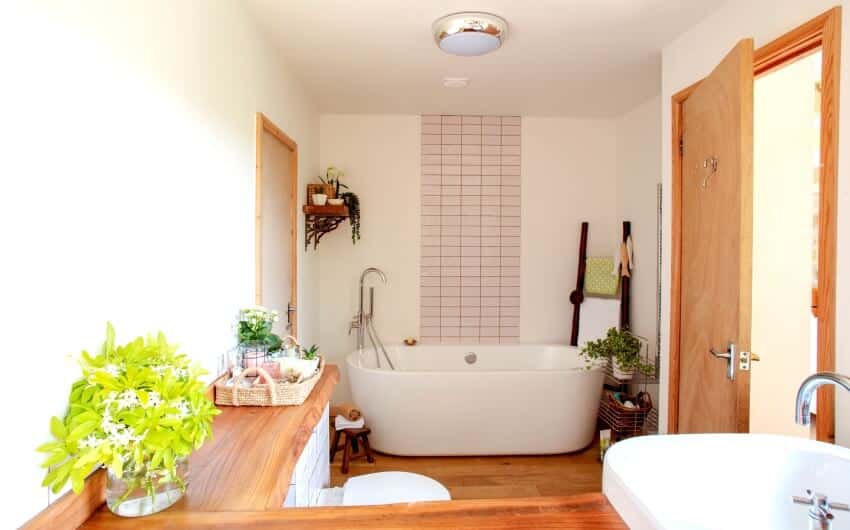 Modern bathroom with wooden flooring, freestanding tub, and house plants on live edge countertop