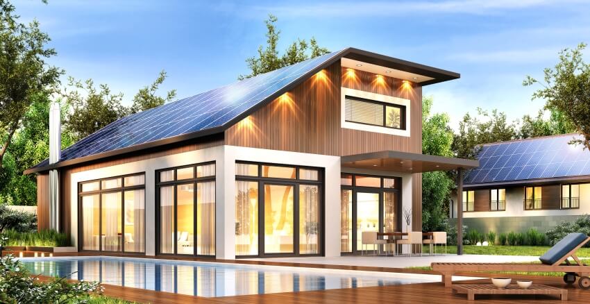 Modern house with solar panels on the roof swimming pool and wood panel wall exterior