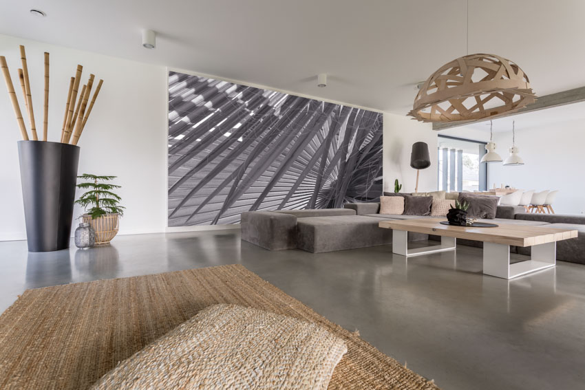 Modern living room with concrete overlay, pendant light, couch, accent wall, and potted plant