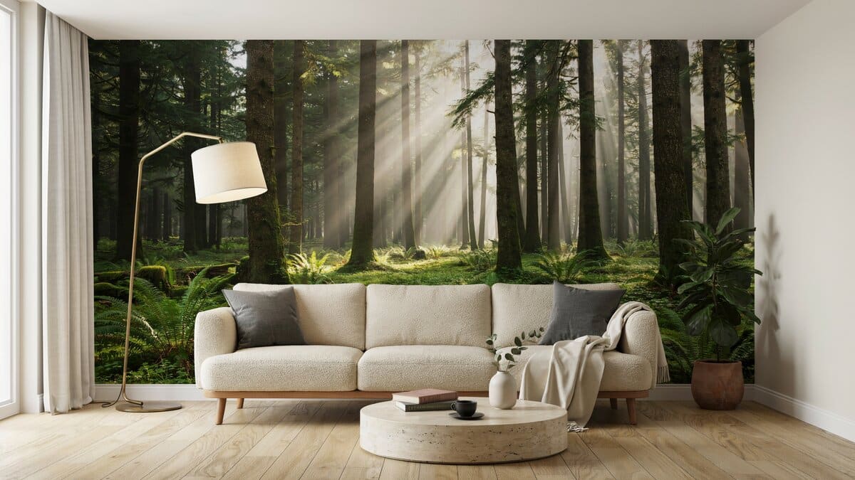Feature wall with a sunlit forest mural wallpaper behind a modern sofa