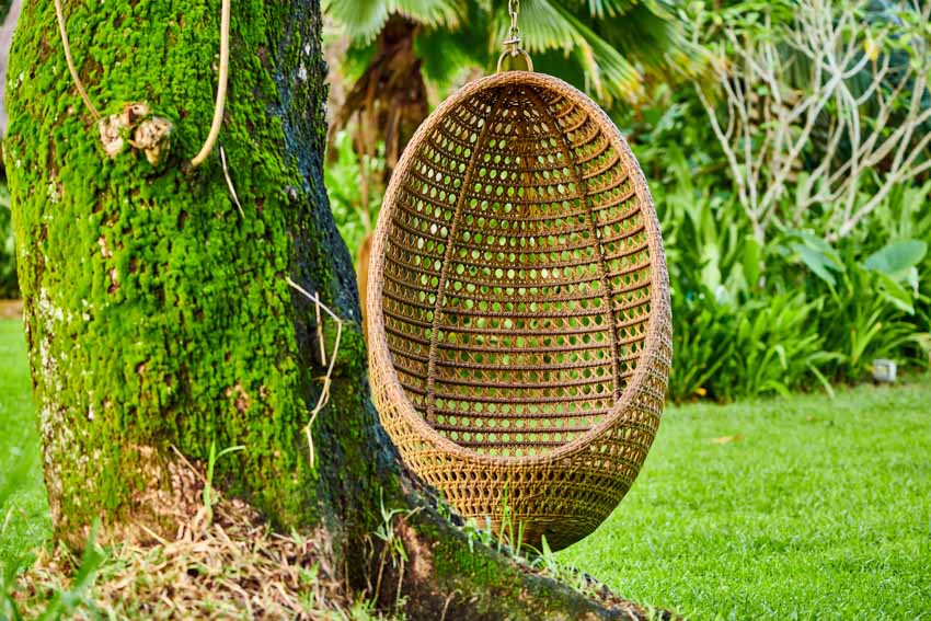 Outdoor area with egg chair made of rattan