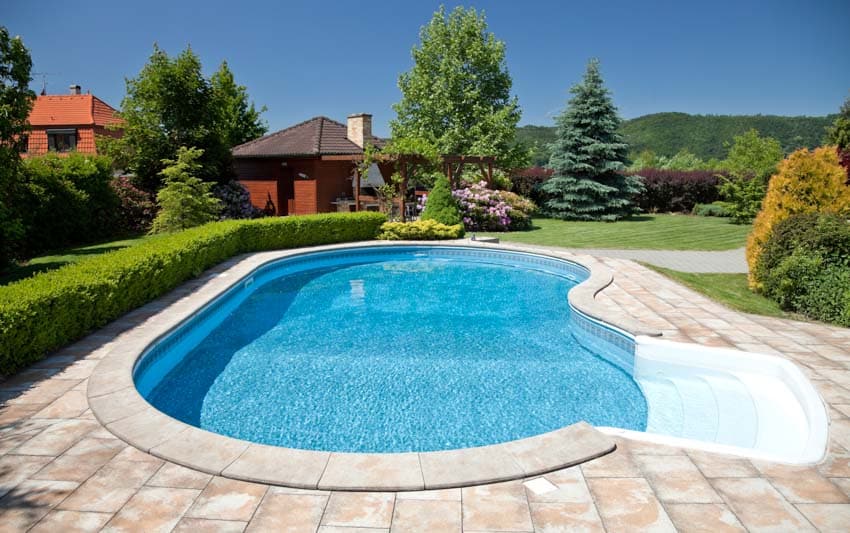 Outdoor swimming pool with liner, hedge plants, and coping