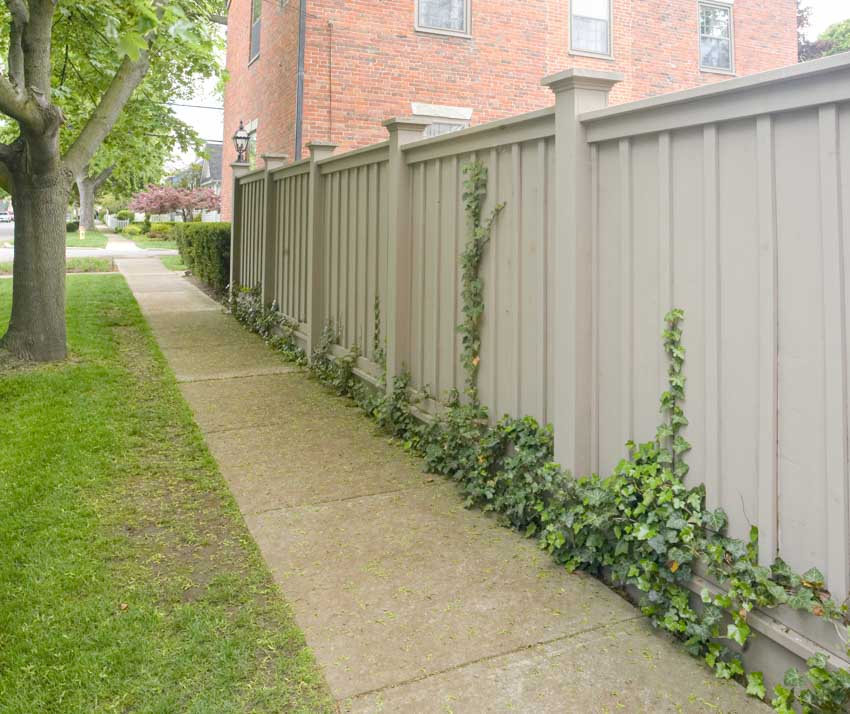Outdoor walkway with Hardie board fence surrounding a private property
