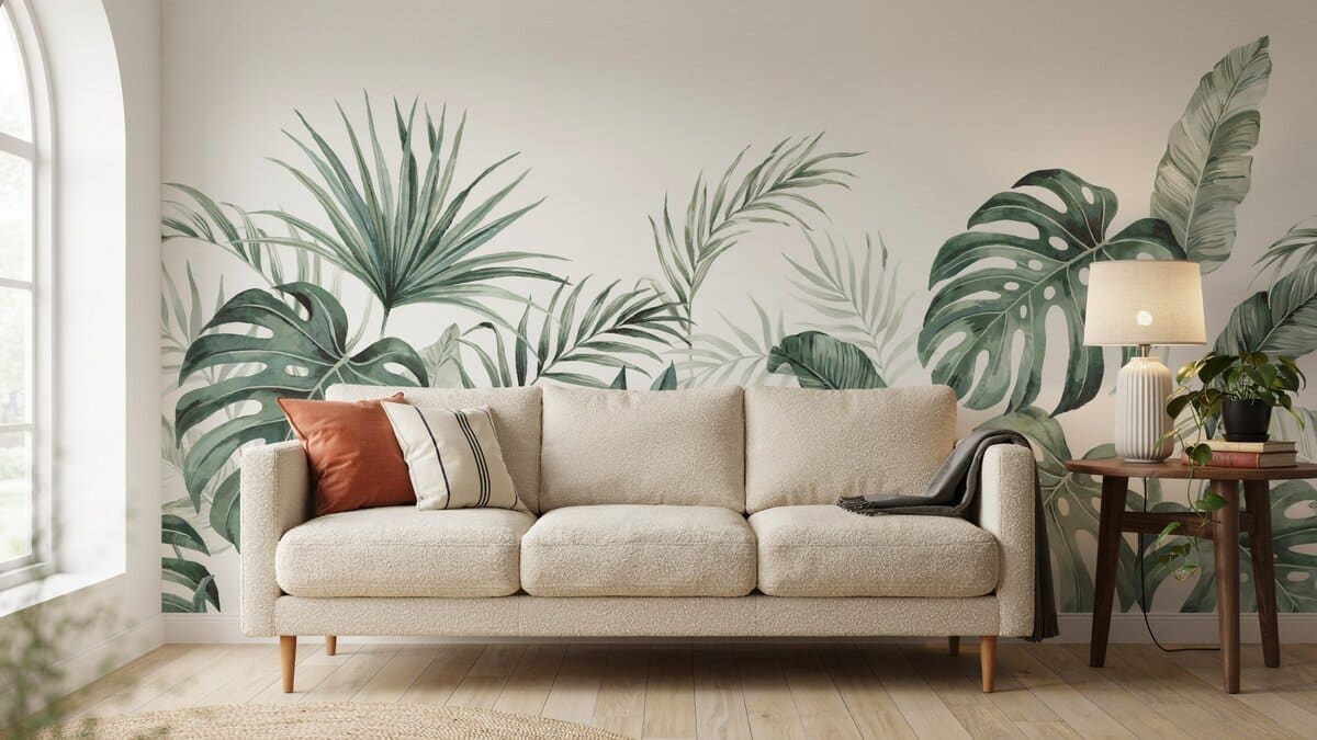 Tropical leaf designer wallpaper accent wall behind a neutral sofa and lamp