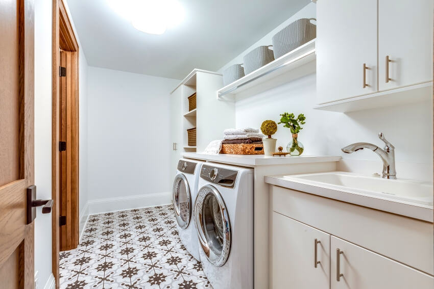 Patterned tile flooring with shelves and ceramic sink